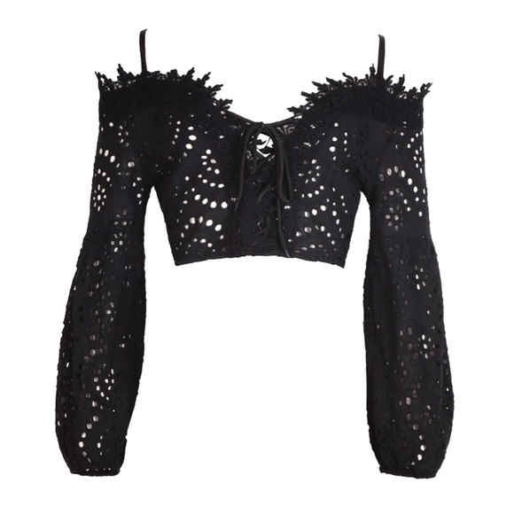 🆕 BLACK PERFORATED LONG SLEEVE TIE FRONT CROP TOP - Picture 12 of 13